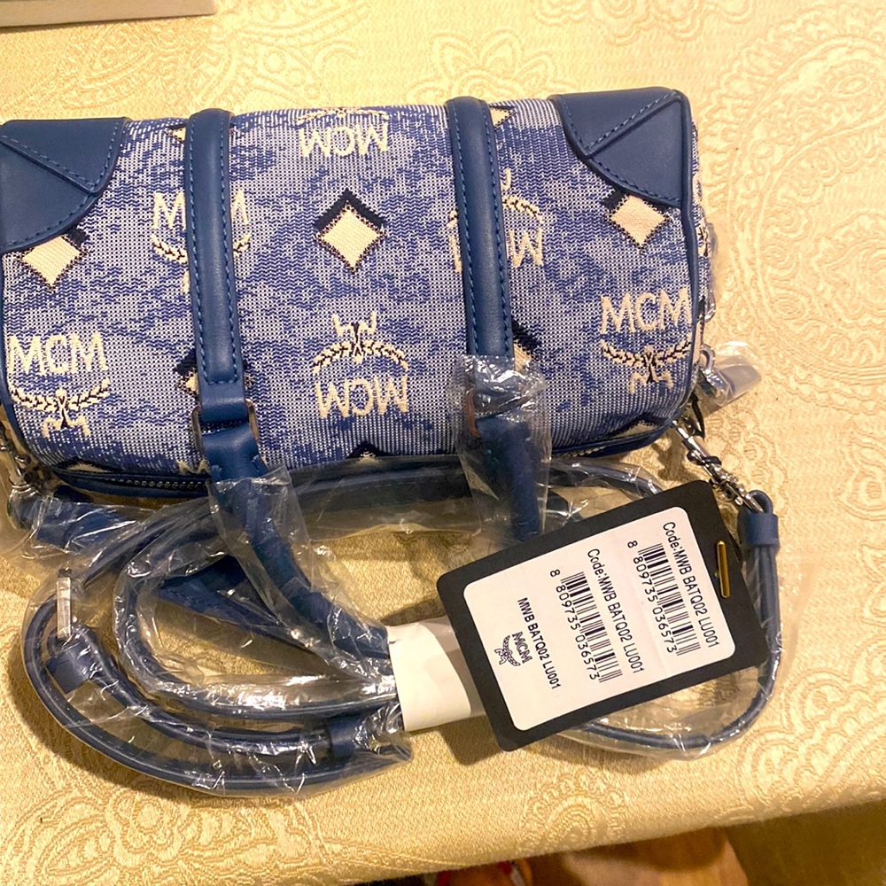 MCM BOSTON MINI VINTAGE JACQUARD MONOGRAM BLUE CANVAS & LEATHER BAG